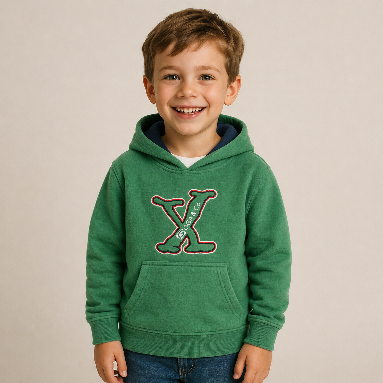 Sudadera polar bordada con manga larga, capucha ajustable, bolsa frontal.