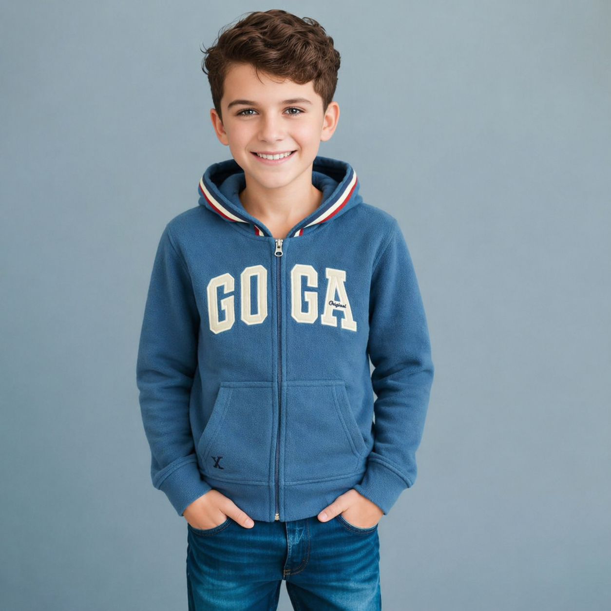 Sudadera polar para Niño bordada con manga larga, capucha ajustable, bolsas frontales y cierre.