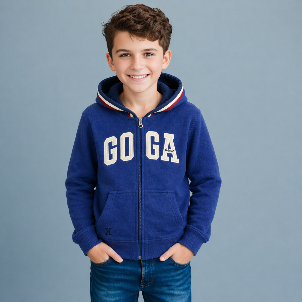 Sudadera polar para Niño bordada con manga larga, capucha ajustable, bolsas frontales y cierre.