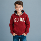 Sudadera polar para Niño bordada con manga larga, capucha ajustable, bolsas frontales y cierre.