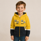 Sudadera polar para Niño bordada con manga larga, capucha ajustable, bolsas frontales y cierre.