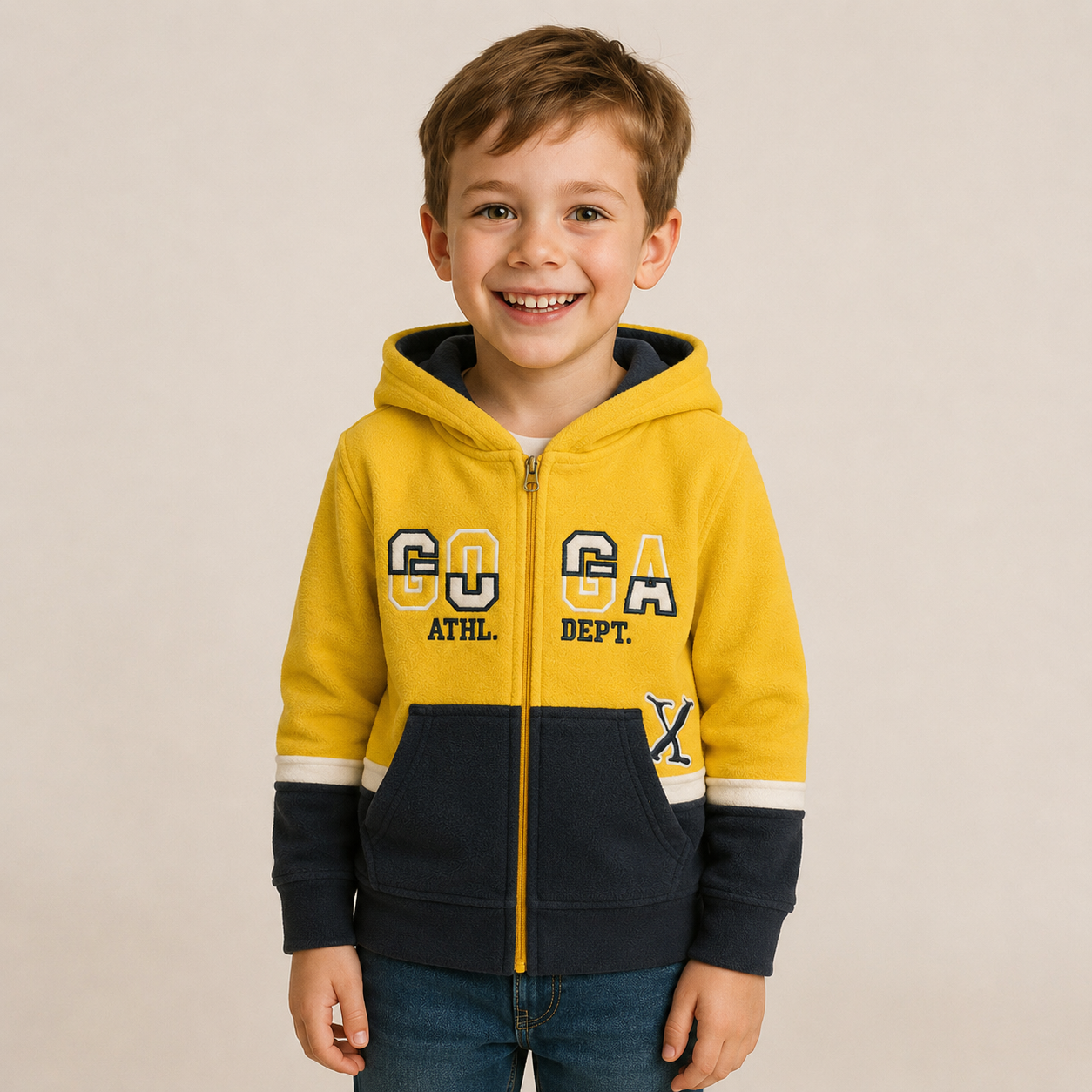 Sudadera polar para Niño bordada con manga larga, capucha ajustable, bolsas frontales y cierre.