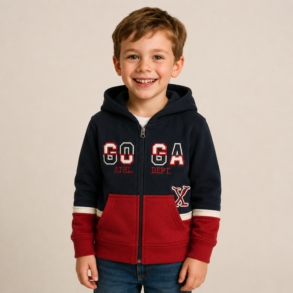 Sudadera polar para Niño bordada con manga larga, capucha ajustable, bolsas frontales y cierre.