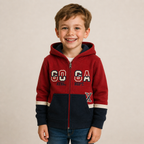 Sudadera polar para Niño bordada con manga larga, capucha ajustable, bolsas frontales y cierre.