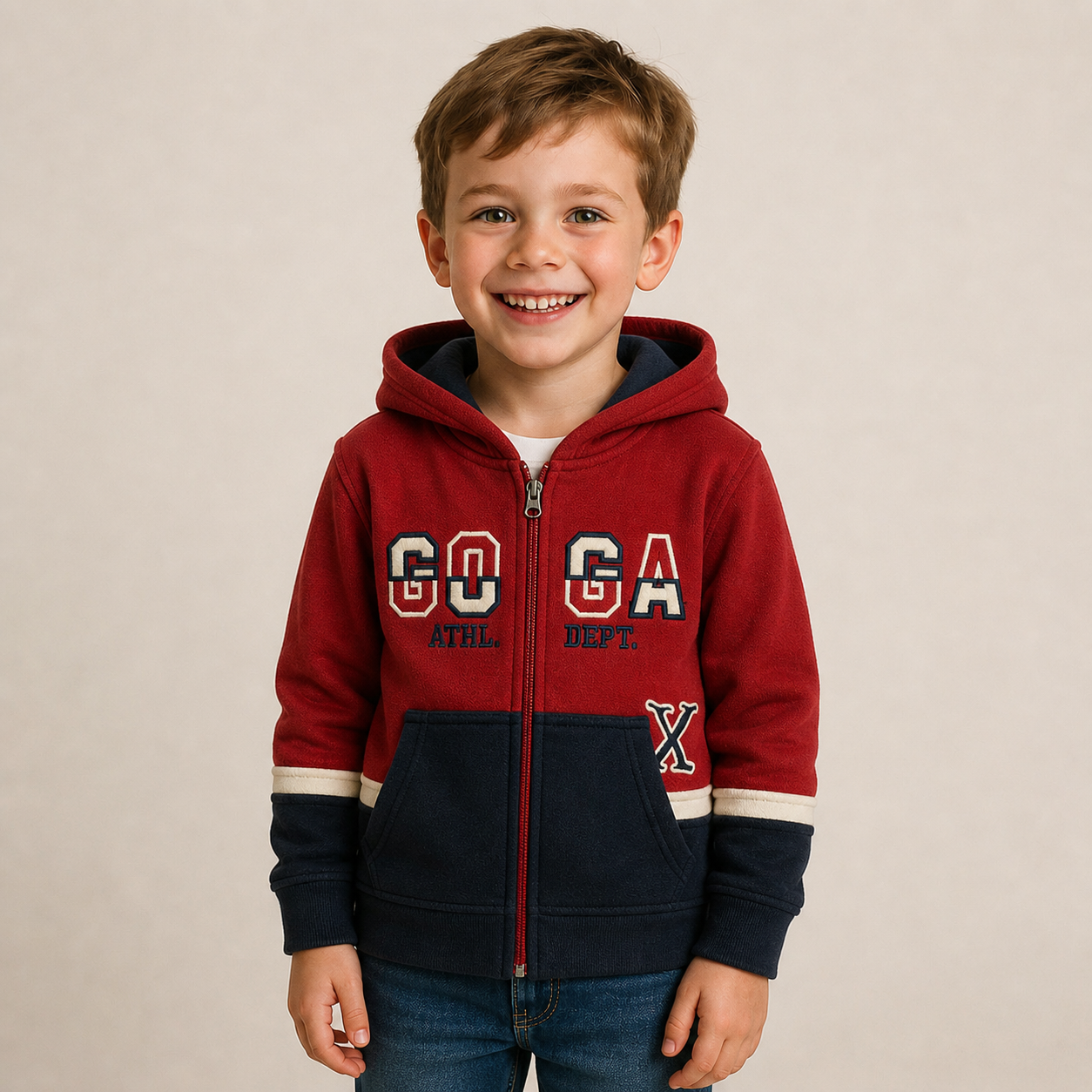 Sudadera polar para Niño bordada con manga larga, capucha ajustable, bolsas frontales y cierre.