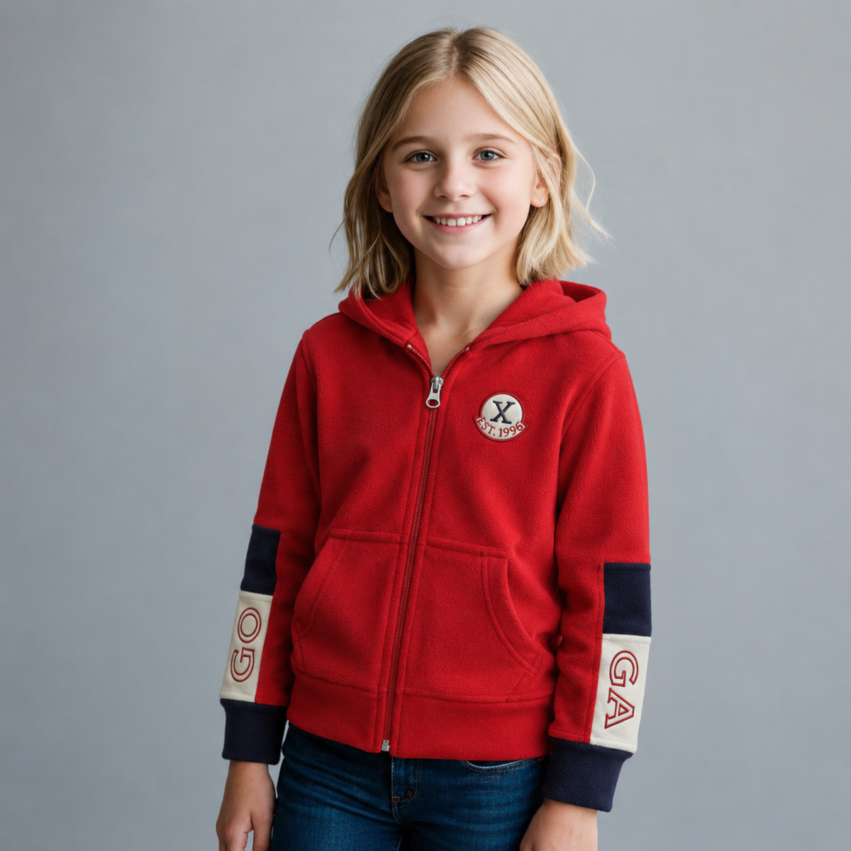 Sudadera polar bordada con capucha ajustable para niña , bolsas frontales y cierre