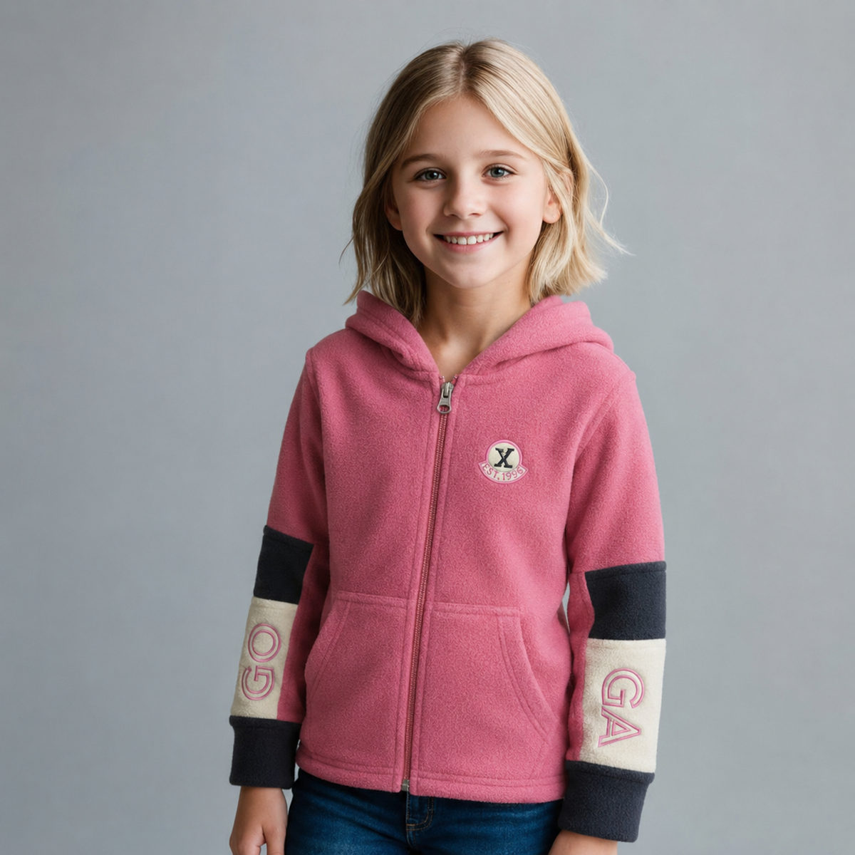 Sudadera polar bordada con capucha ajustable para niña , bolsas frontales y cierre