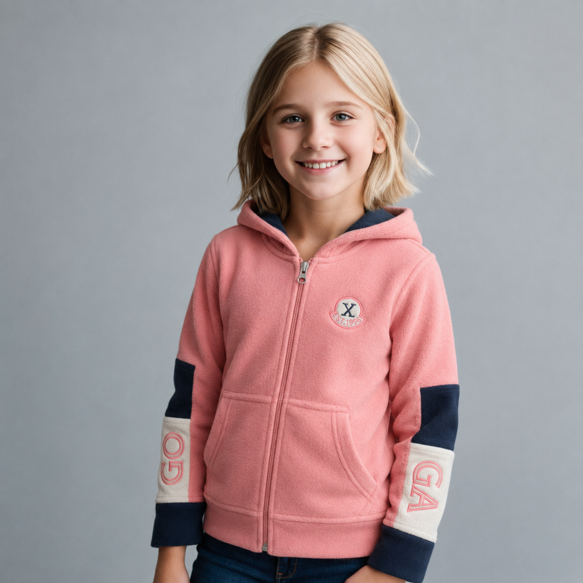 Sudadera polar bordada con capucha ajustable para niña , bolsas frontales y cierre