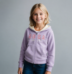 Sudadera polar bordada con capucha ajustable para niña , bolsas frontales y cierre