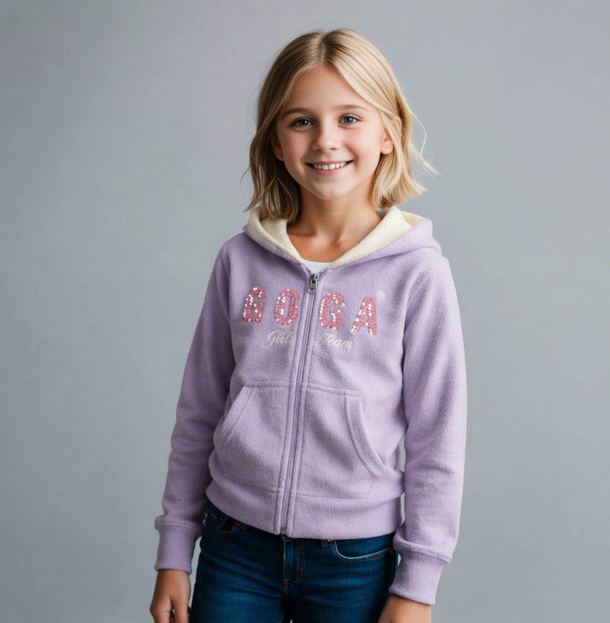 Sudadera polar bordada con capucha ajustable para niña , bolsas frontales y cierre