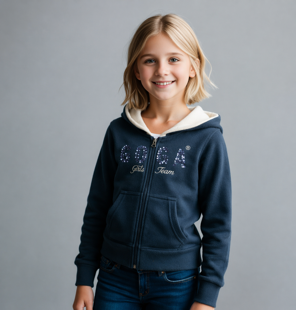 Sudadera polar bordada con capucha ajustable para niña , bolsas frontales y cierre