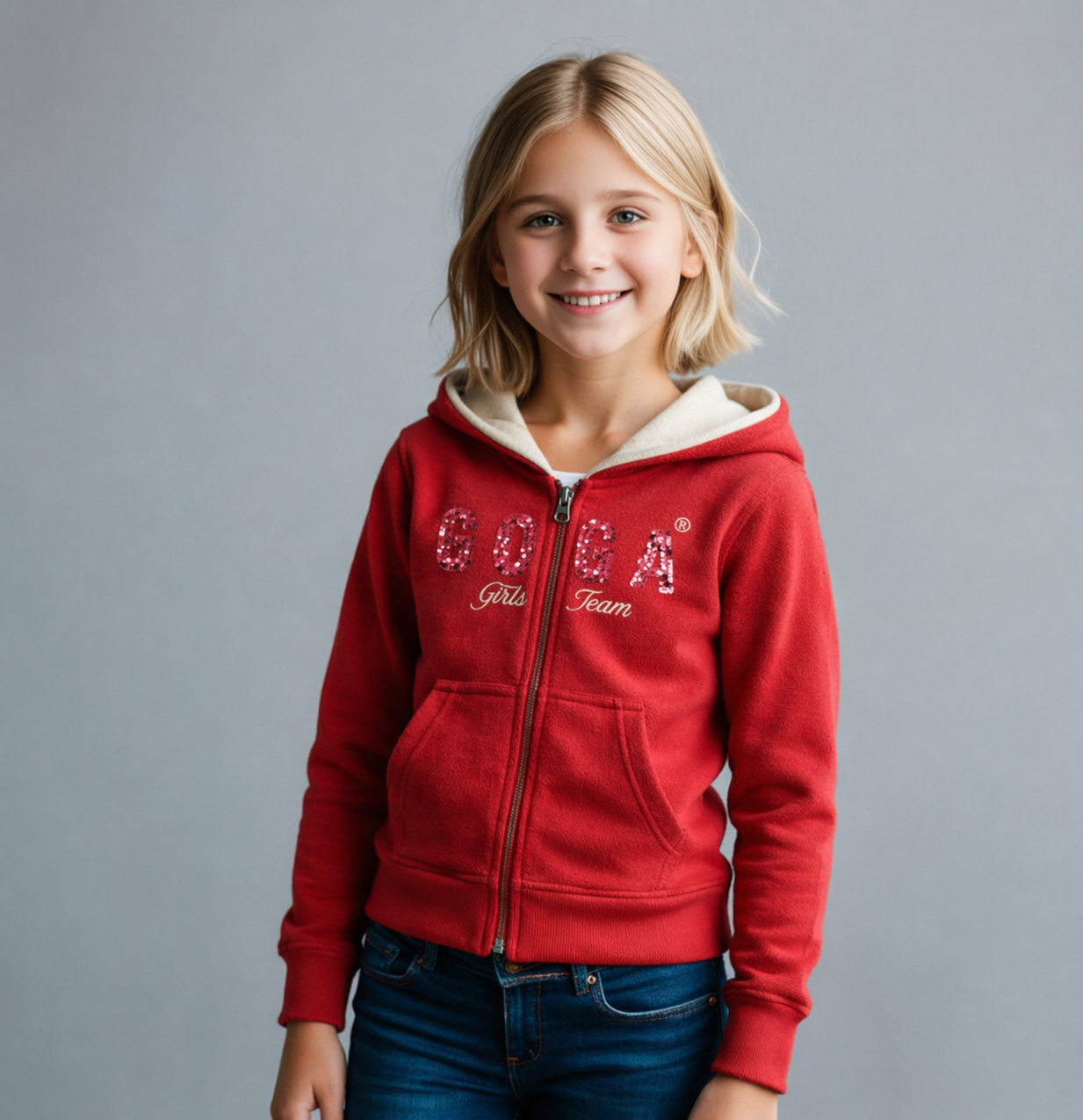 Sudadera polar bordada con capucha ajustable para niña , bolsas frontales y cierre