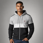 Sudadera felpa para hombre, Bordada con manga larga. capucha ajustable. Cierre y bolsas frontales.