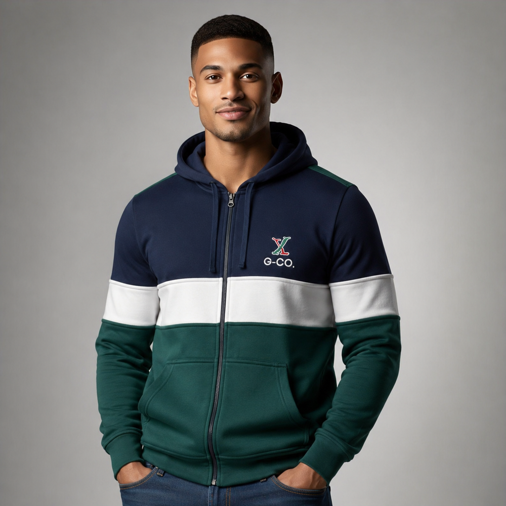 Sudadera felpa para hombre, Bordada con manga larga. capucha ajustable. Cierre y bolsas frontales.