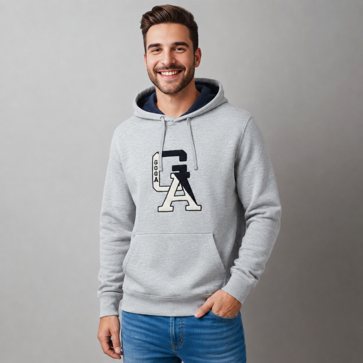Sudadera felpa para hombre, Bordada con manga larga. capucha ajustable y bolsas frontales.
