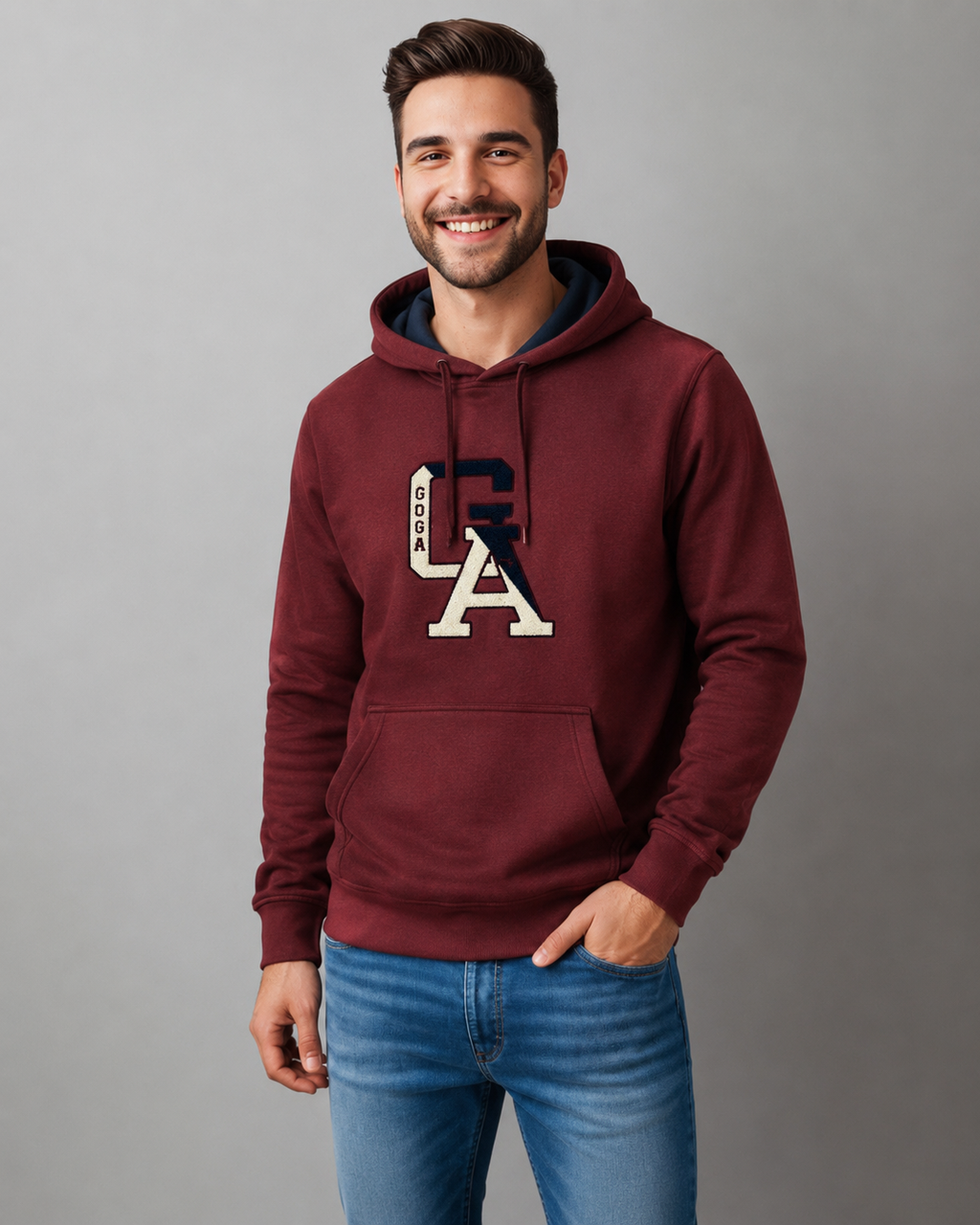 Sudadera felpa para hombre, Bordada con manga larga. capucha ajustable y bolsas frontales.