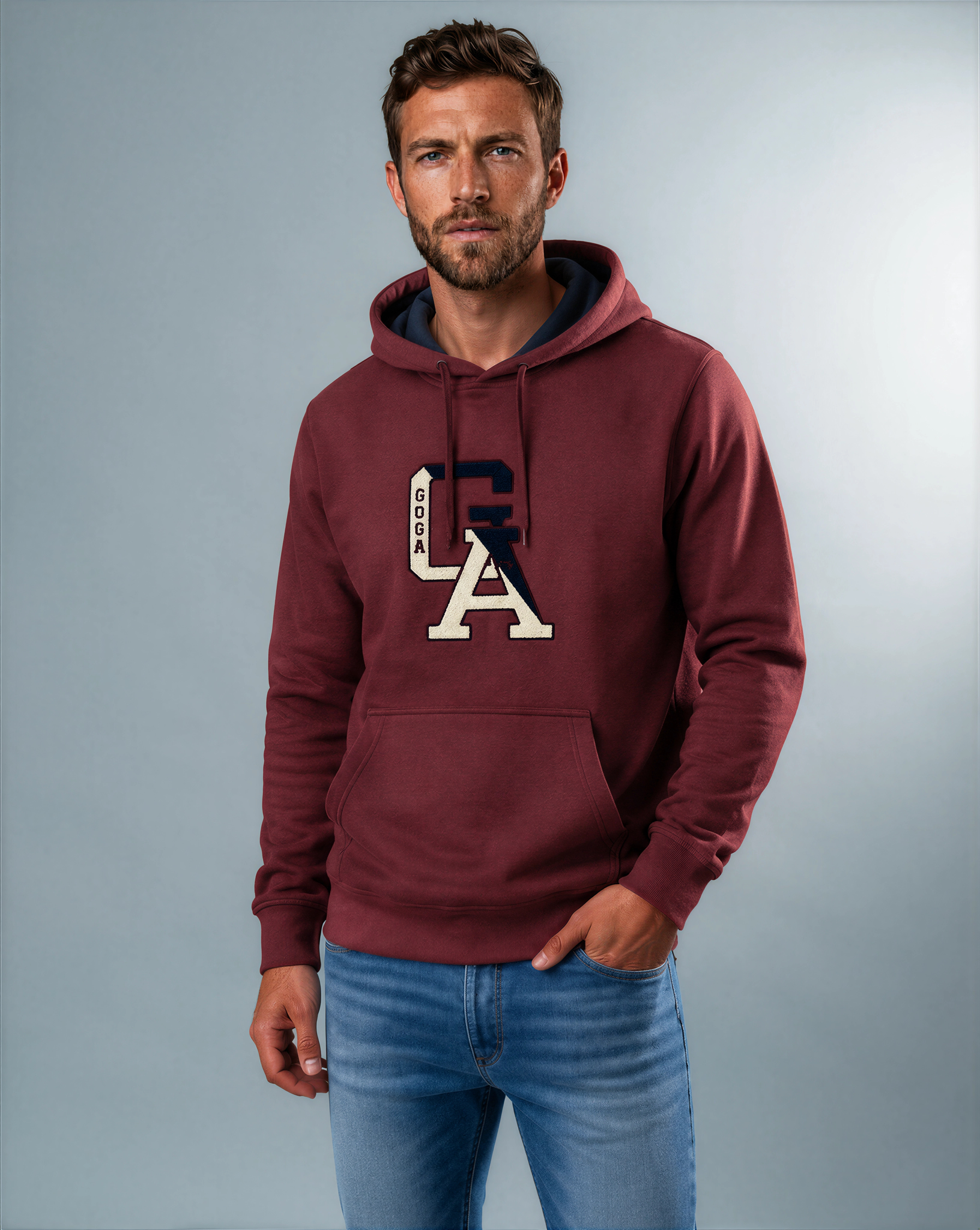 Sudadera felpa para hombre, Bordada con manga larga. capucha ajustable y bolsas frontales.