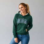 Sudadera felpa para Mujer con manga larga, capucha ajustable, bolsas frontales y cierre.