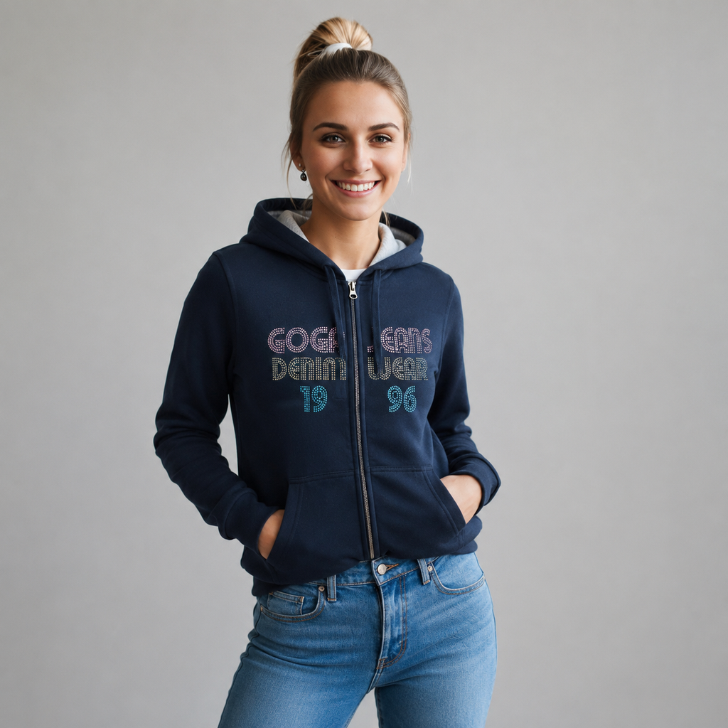 Sudadera felpa para Mujer con manga larga, capucha ajustable, bolsas frontales y cierre.