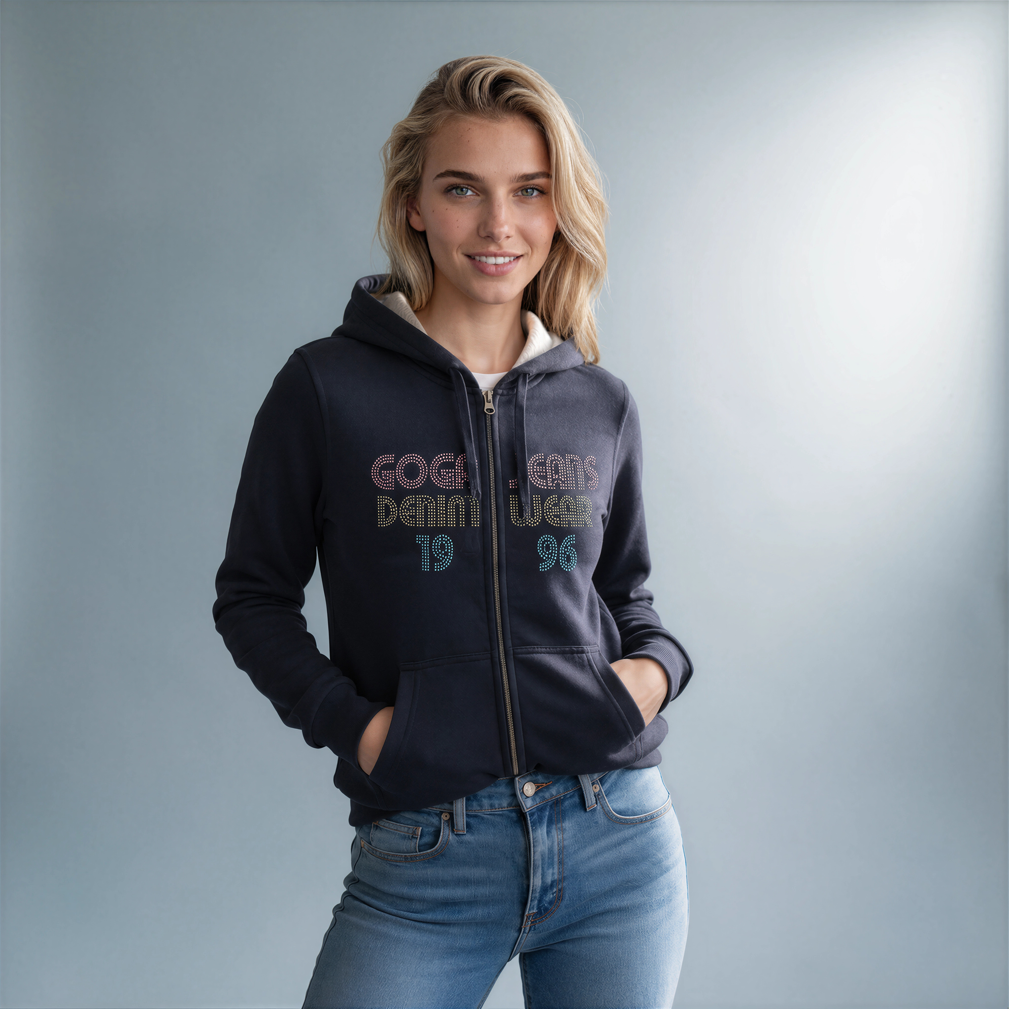 Sudadera felpa para Mujer con manga larga, capucha ajustable, bolsas frontales y cierre.