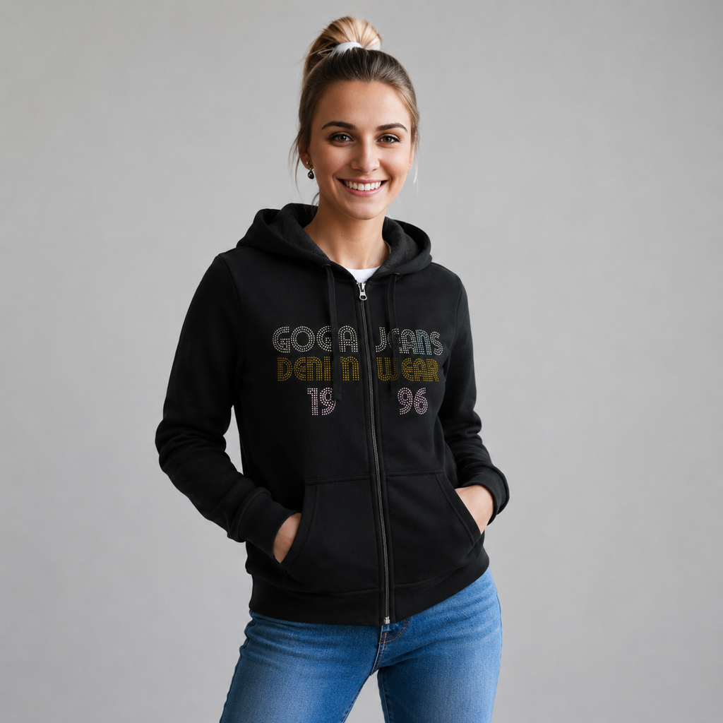 Sudadera felpa para Mujer con manga larga, capucha ajustable, bolsas frontales y cierre.