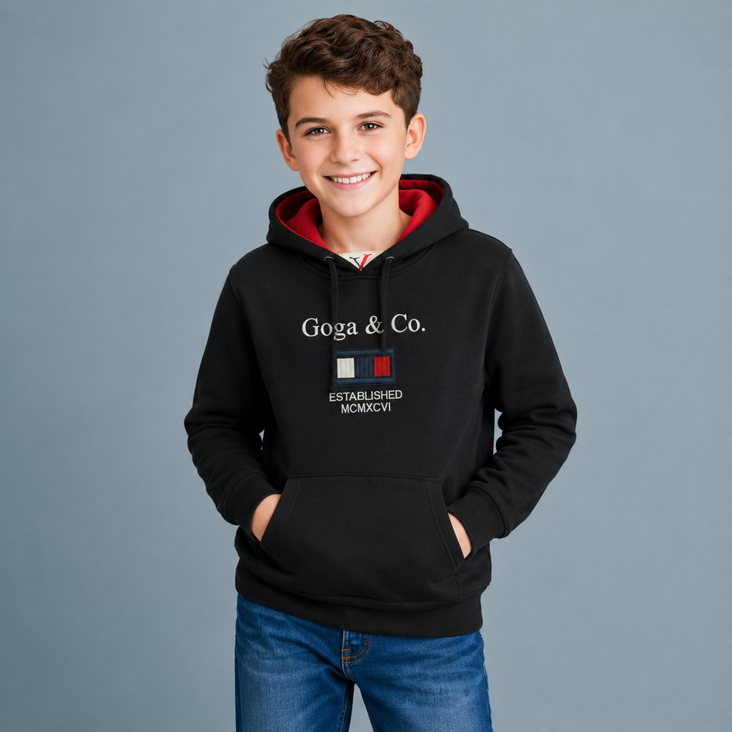 Sudadera felpa Niño bordada con manga larga, capucha ajustable, bolsas frontales.