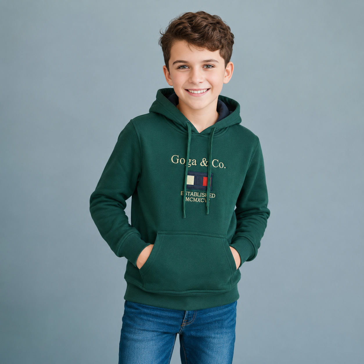 Sudadera felpa Niño bordada con manga larga, capucha ajustable, bolsas frontales.