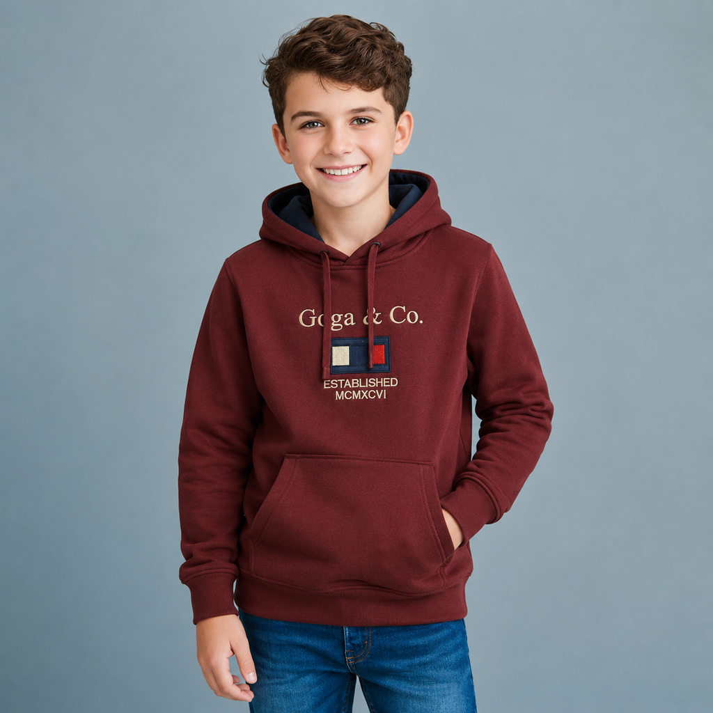 Sudadera felpa Niño bordada con manga larga, capucha ajustable, bolsas frontales.