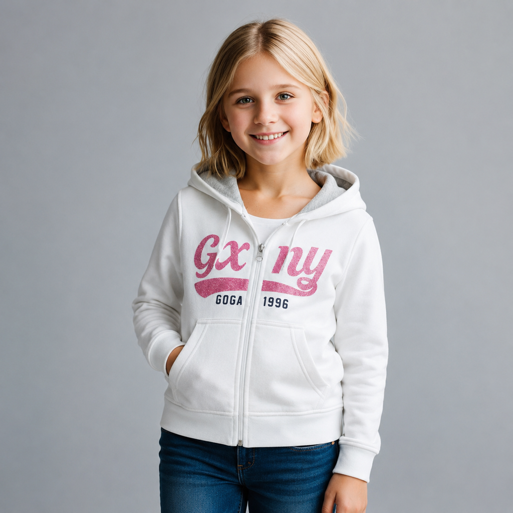 Sudadera Felpa bordada con capucha ajustable para niña , bolsas frontales y cierre