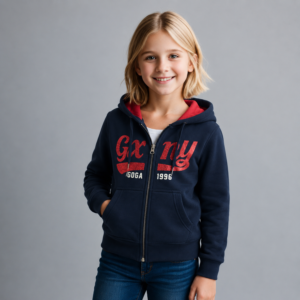 Sudadera Felpa bordada con capucha ajustable para niña , bolsas frontales y cierre
