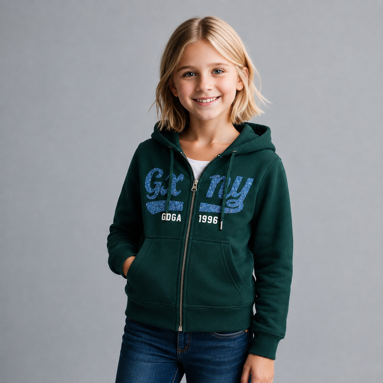 Sudadera Felpa bordada con capucha ajustable para niña , bolsas frontales y cierre