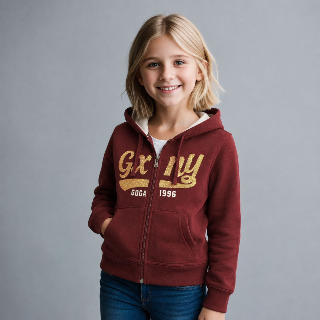 Sudadera Felpa bordada con capucha ajustable para niña , bolsas frontales y cierre