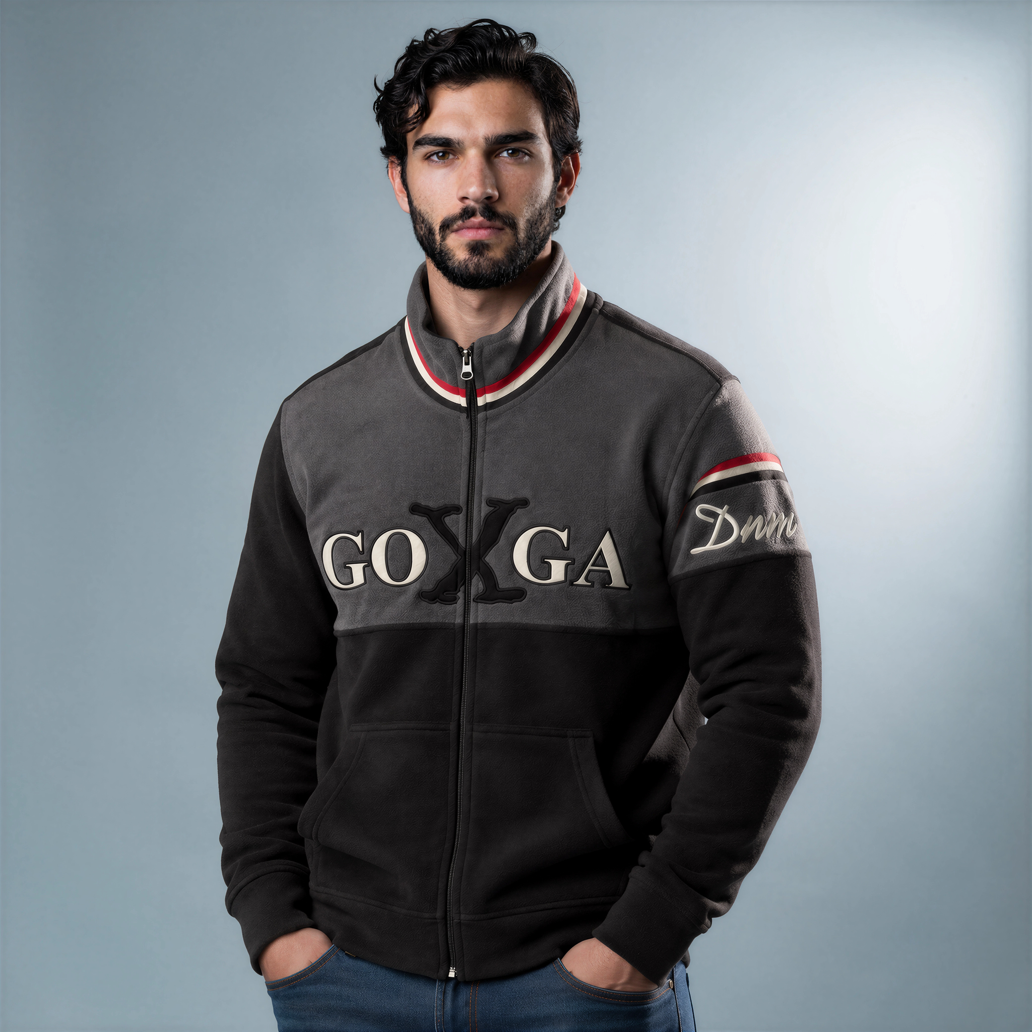 Sudadera polar bordada de cuello alto, con manga larga, bolsas frontales y cierre