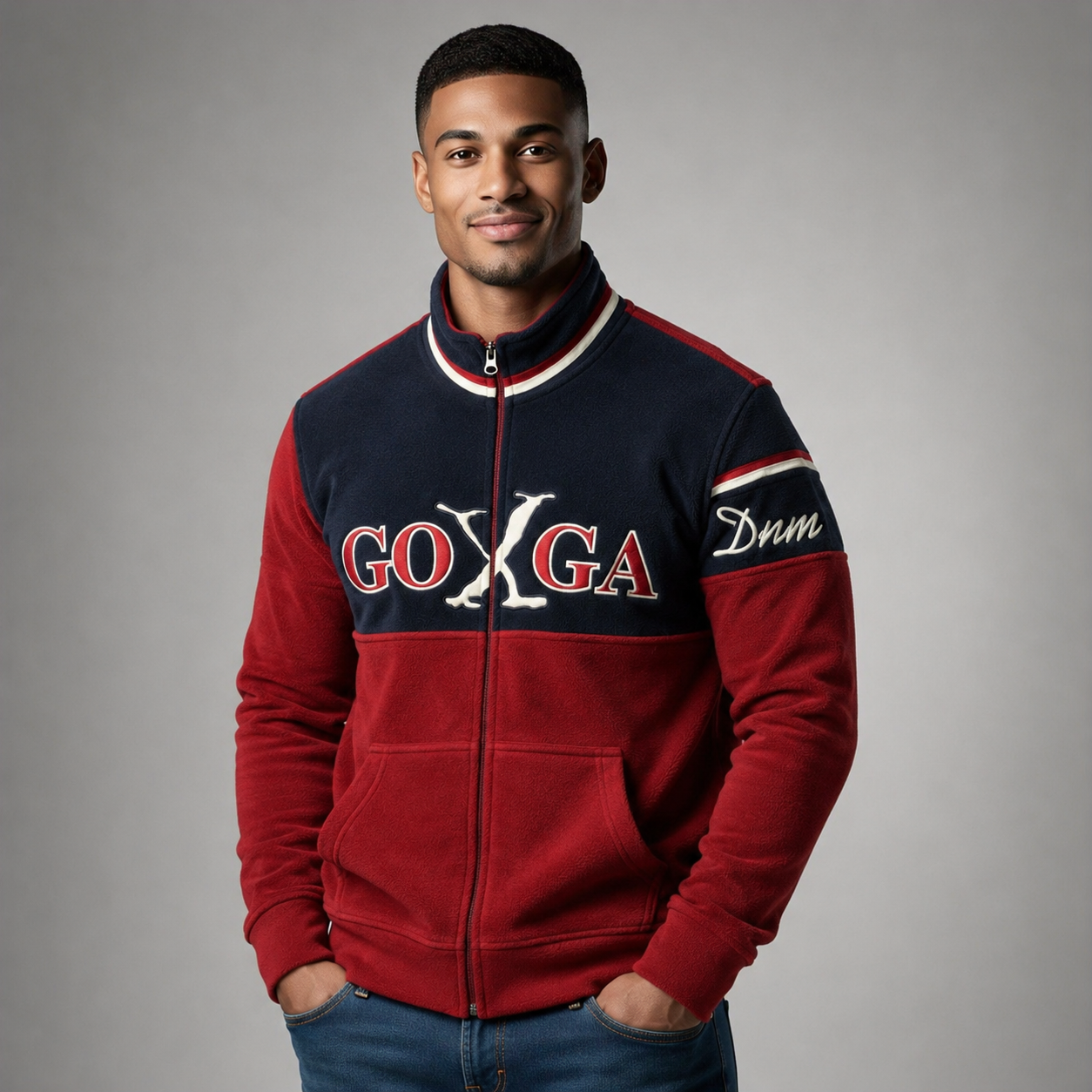Sudadera polar bordada de cuello alto, con manga larga, bolsas frontales y cierre