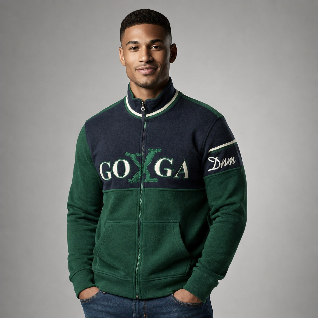 Sudadera polar bordada de cuello alto, con manga larga, bolsas frontales y cierre