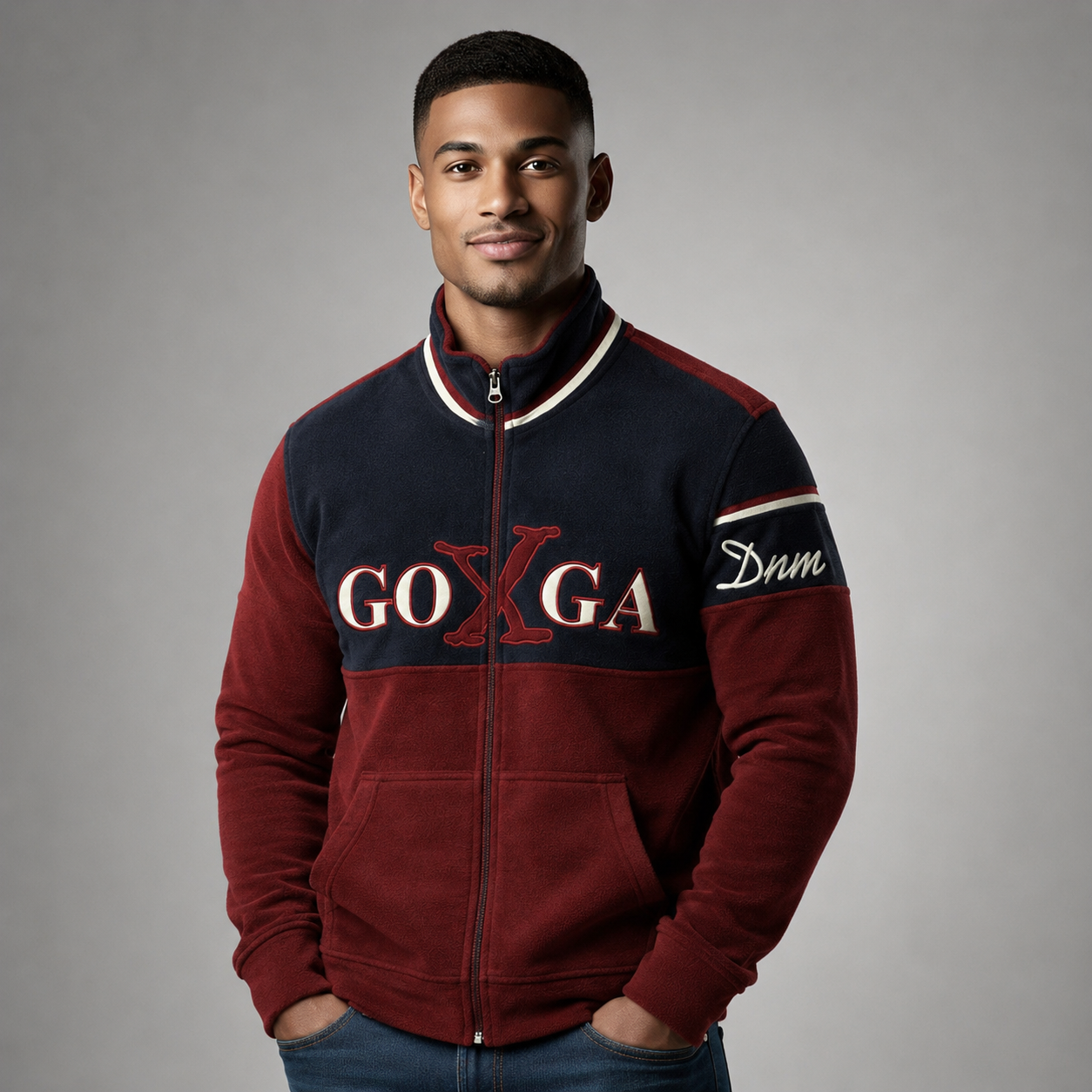 Sudadera polar bordada de cuello alto, con manga larga, bolsas frontales y cierre