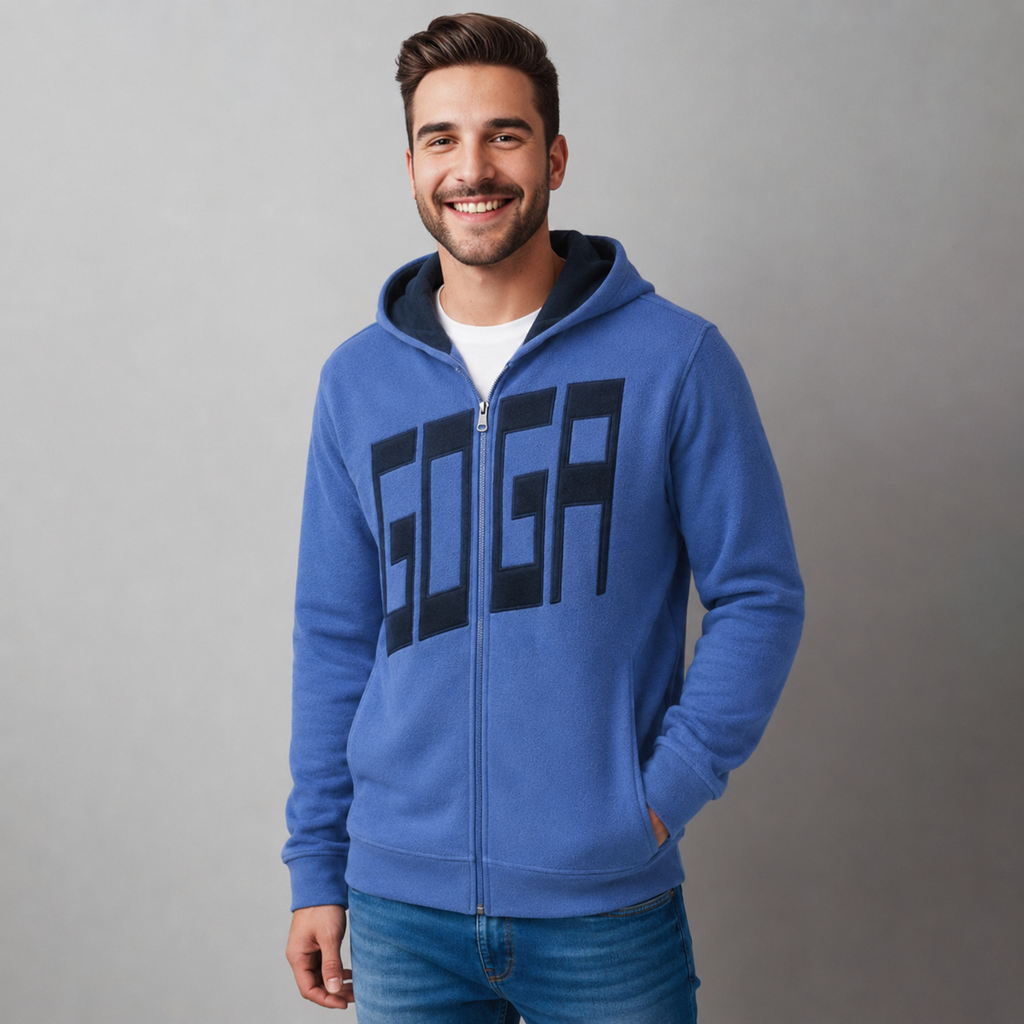 Sudadera polar para hombre, bordada con manga larga, bolsas frontales y cierre.