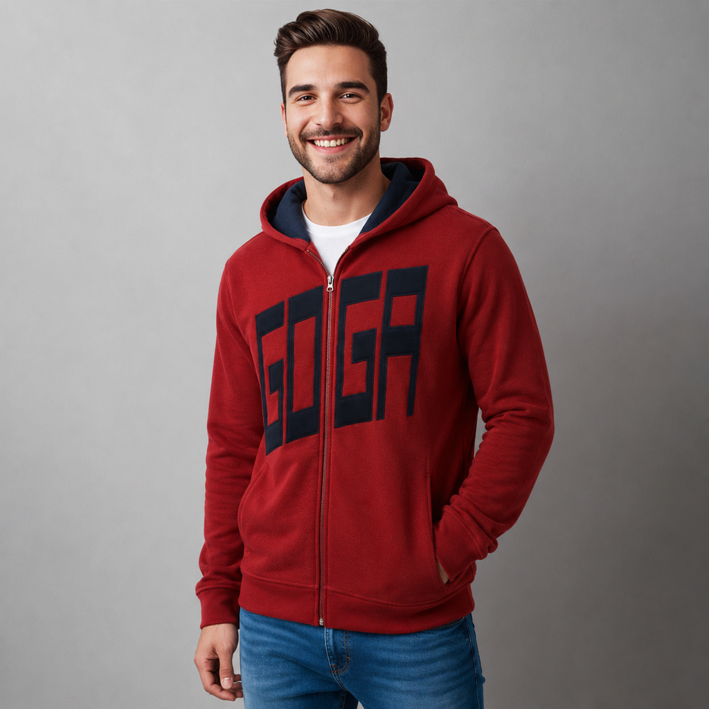 Sudadera polar para hombre, bordada con manga larga, bolsas frontales y cierre.