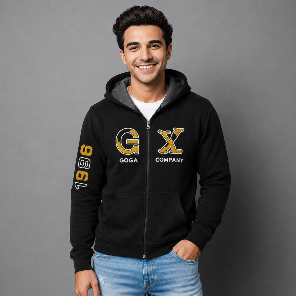 Sudadera polar para hombre, bordada con manga larga, bolsas frontales y cierre.