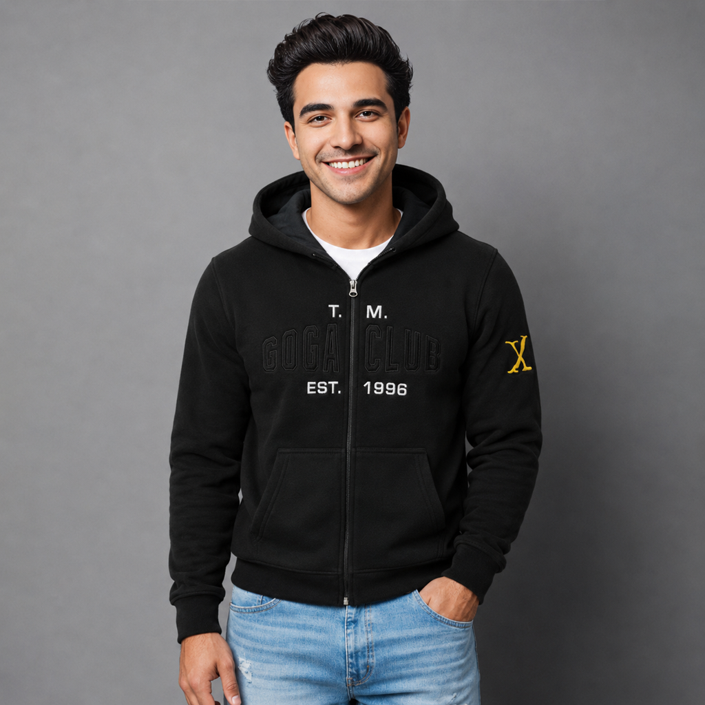 Sudadera polar para hombre, bordada con manga larga, bolsas frontales y cierre.