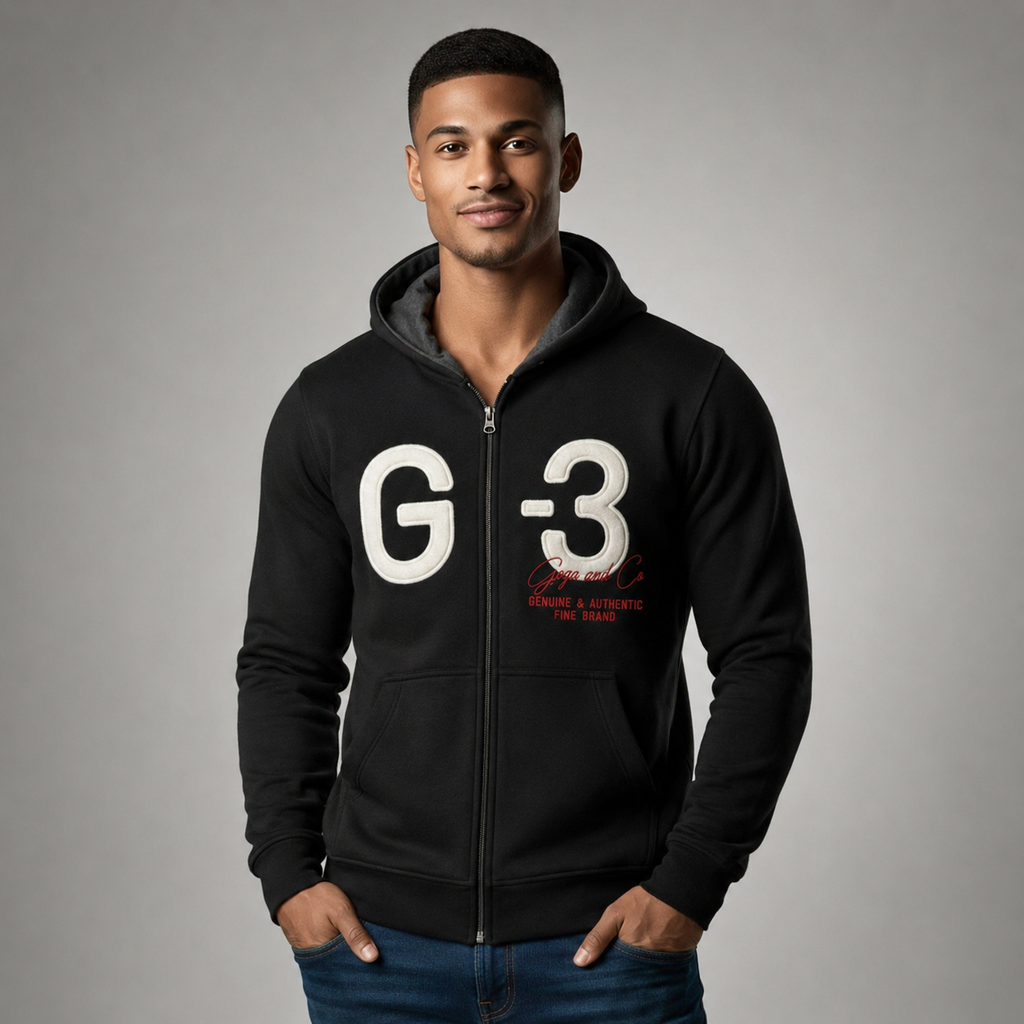 Sudadera polar para hombre, bordada con manga larga, bolsas frontales y cierre.