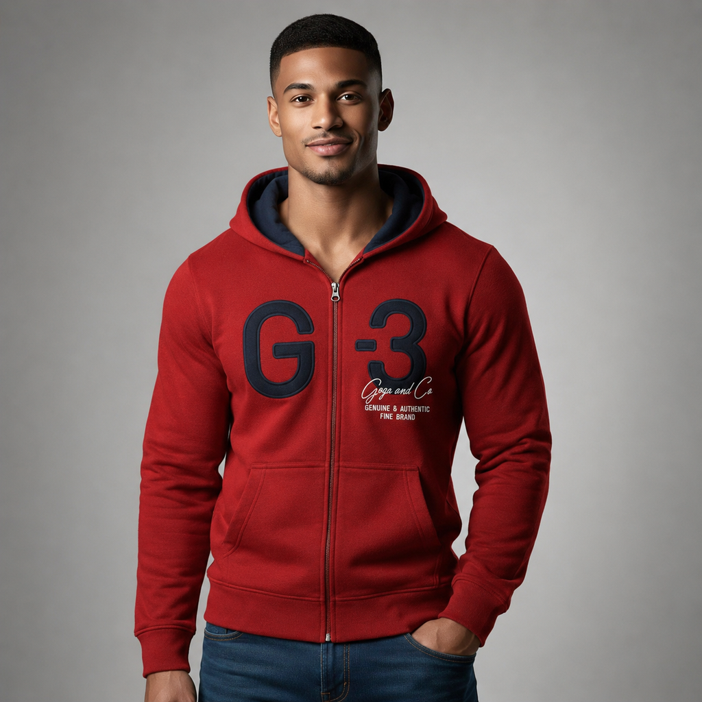 Sudadera polar para hombre, bordada con manga larga, bolsas frontales y cierre.