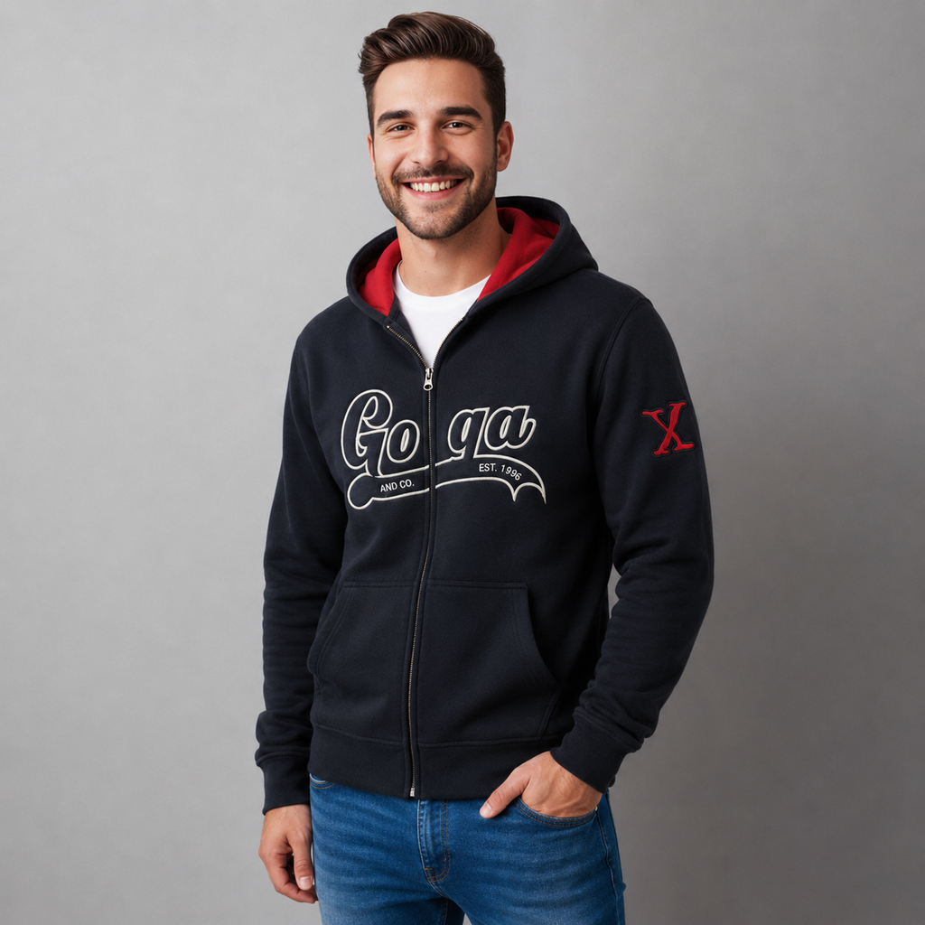 Sudadera polar para hombre, bordada con manga larga, bolsas frontales y cierre.
