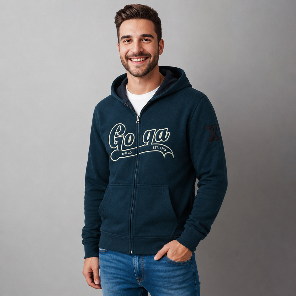 Sudadera polar para hombre, bordada con manga larga, bolsas frontales y cierre.