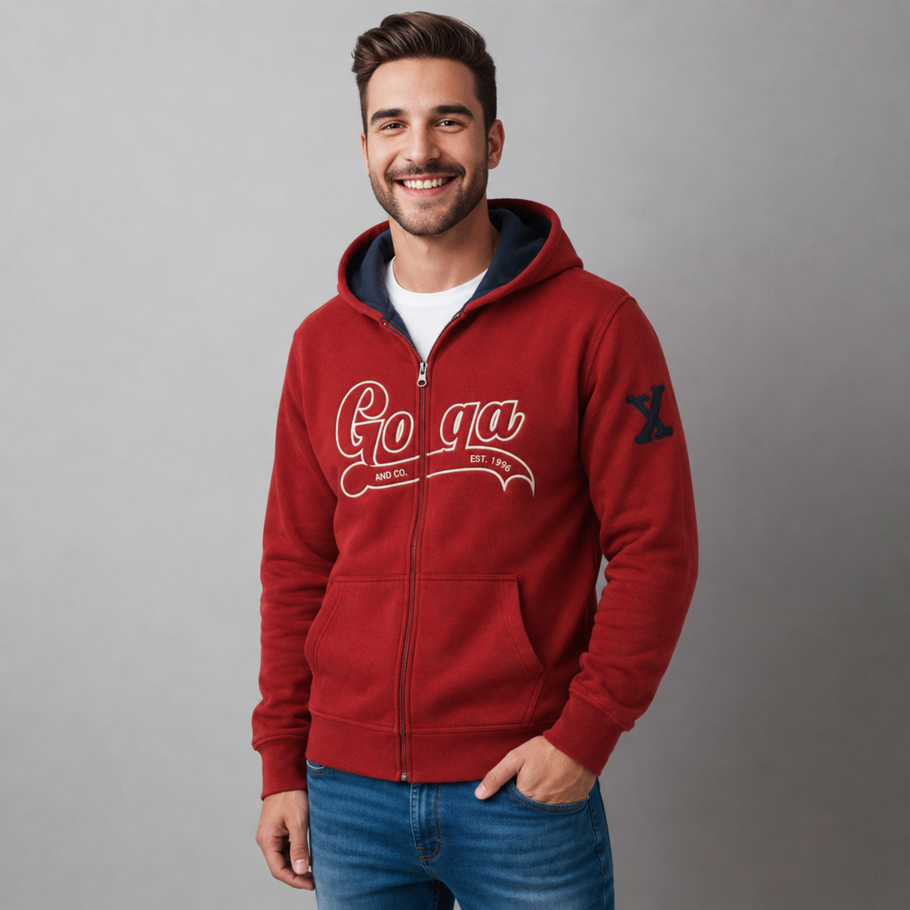 Sudadera polar para hombre, bordada con manga larga, bolsas frontales y cierre.