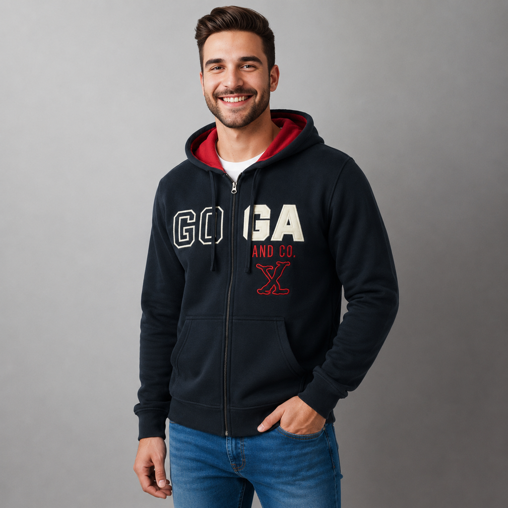 Sudadera polar para hombre, bordada con manga larga, bolsas frontales y cierre.