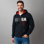 Sudadera polar para hombre, bordada con manga larga, bolsas frontales y cierre.