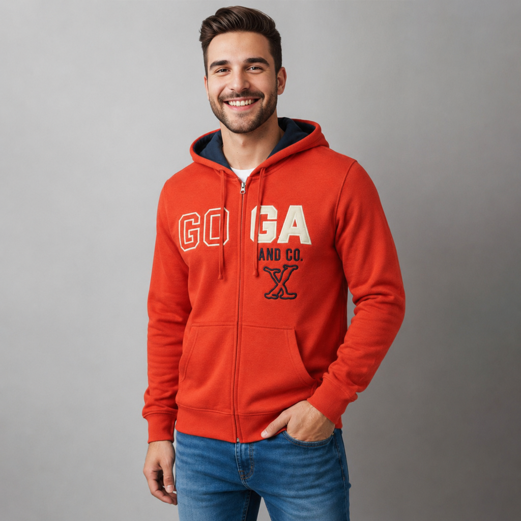 Sudadera polar para hombre, bordada con manga larga, bolsas frontales y cierre.