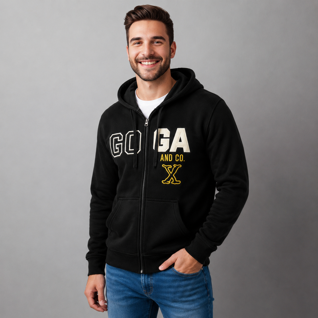 Sudadera polar para hombre, bordada con manga larga, bolsas frontales y cierre.
