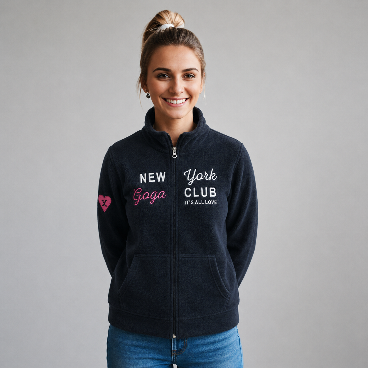 Sudadera polar para Mujer bordada, con manga larga, bolsas frontales, Cuello alto y cierre.